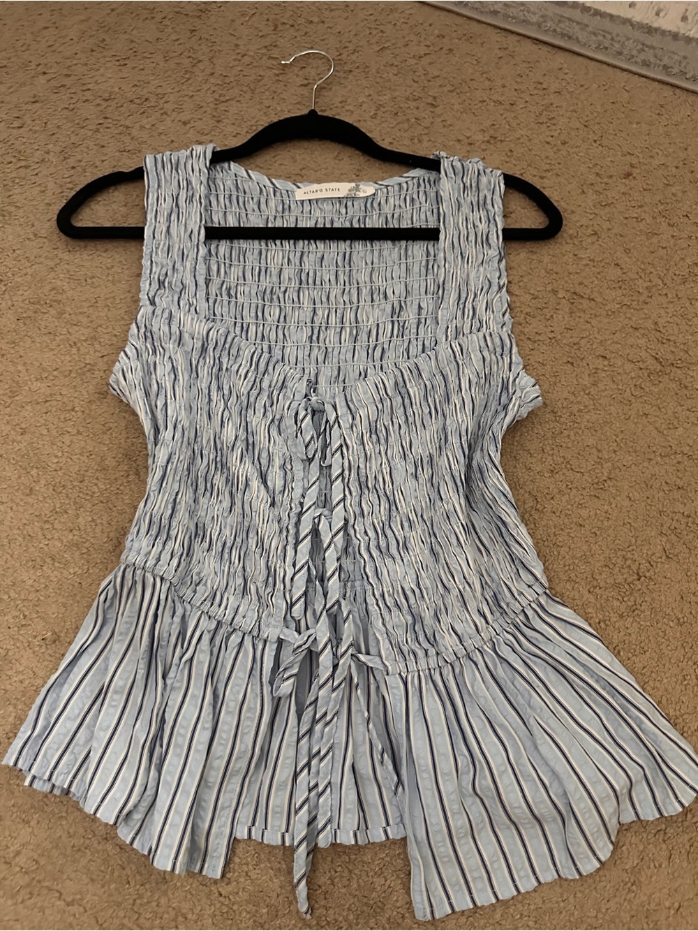 Altar'd State Light Blue & White Striped Smocked Tie-Front Camisole